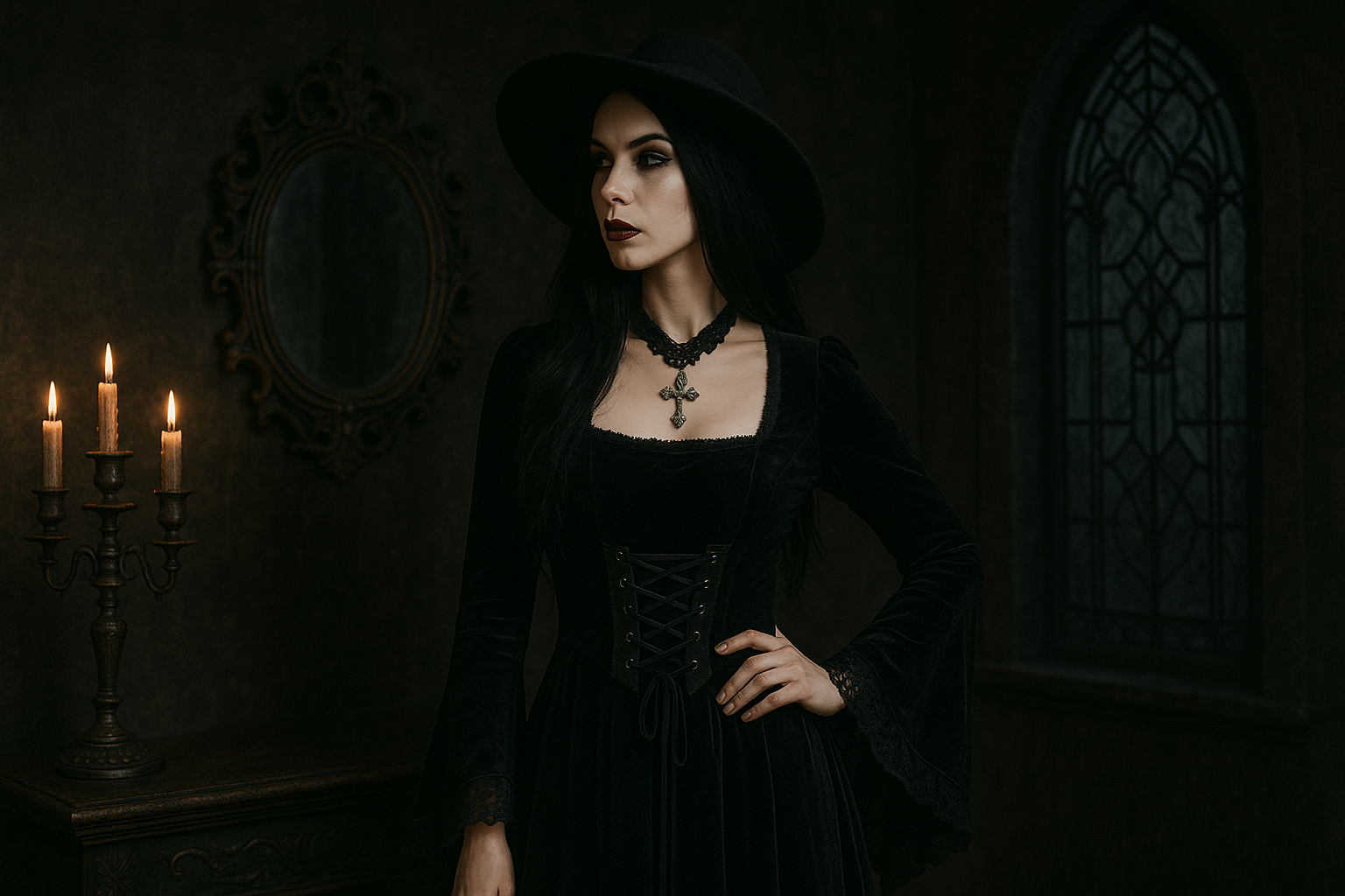 Zwarte gothic broek met split en kanten details